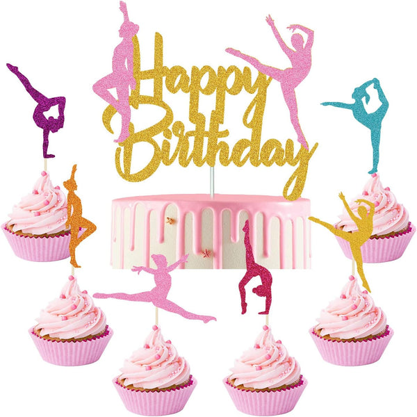 31 Pieces Gymnastics Cake Topper, Colorful Sparkle Decorations for Gymnast Themed Baby Girl Happy Birthday Party