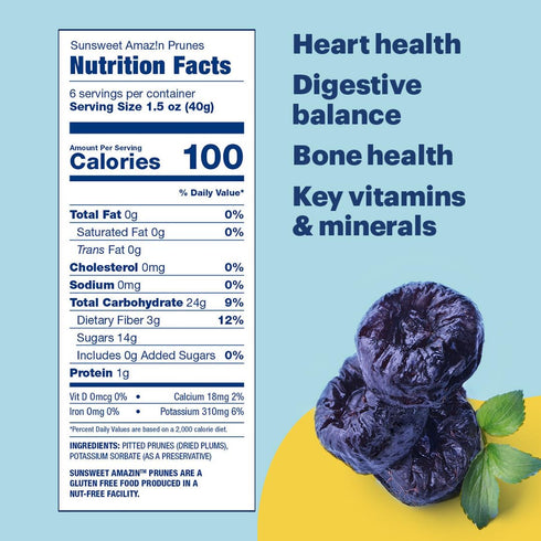 8 oz 6 Pack Sunsweet Amazin' Pitted Prunes - Dried Prunes Pitted Unsweetened - Gluten Free, Vegan, Low Fat - Fiber