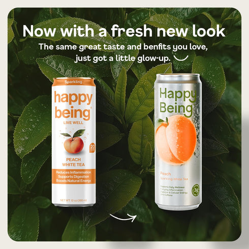 12oz (4 Pack) Happy Being Peach Sparkling White Tea Antioxidant & Polyphenol Rich, Infused with Turmeric, Elderberry