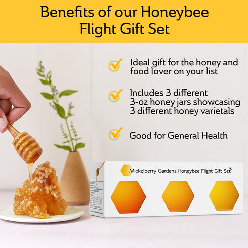 Mickelberry Set 3 (33oz) Gardens Honeybee Flight Gift Jar Honey Flight Featuring Wildflower & Blackberry Honeys Pure