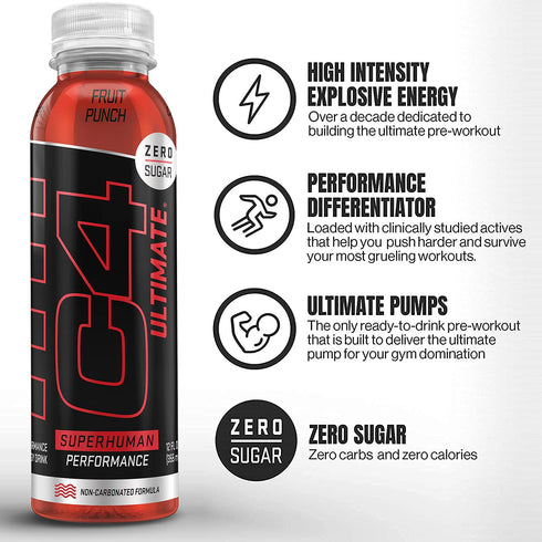 C4 12 Oz (Pack 12) Ultimate Non-Carbonated Zero Sugar Energy Drink, Pre Workout Drink + Beta Alanine, Fl