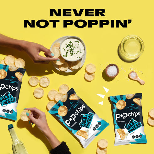 5.0 oz. 130 Popchips Potato Chips, Sea Salt & Vinegar, Share Bags, Low-Calorie, Gluten Free, Salty Snacks for Adults