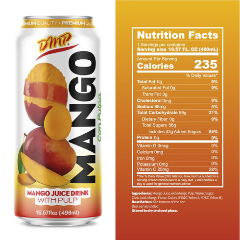 16.57 Oz (12-Pack) De Mi Pais Mango Juice Drink with Pulp Refreshing Canned Juice with Real Mango Chunks, Naturally