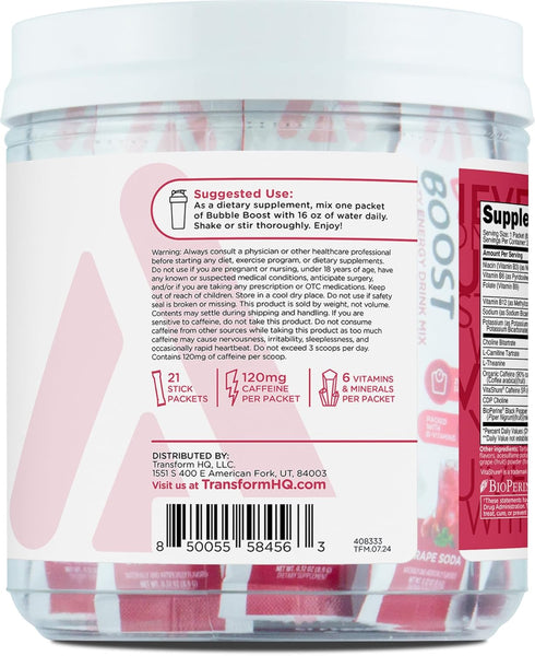 21 Packets TransformHQ Bubble Boost Fizzy Energy Drink Mix (Grape Soda Flavored)