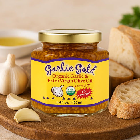 6.4 oz Garlic Gold Organic Toasted Garlic Granules in Extra Virgin Olive Oil, Crunchy Garlic in Olive Oil, Glass Jar