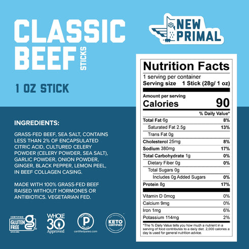 Whole30 1 Oz, 1 (Pack 1) The New Primal Classic Beef Meat Stick, Approved, Paleo, Keto, Pantry Staple, Certified Gluten