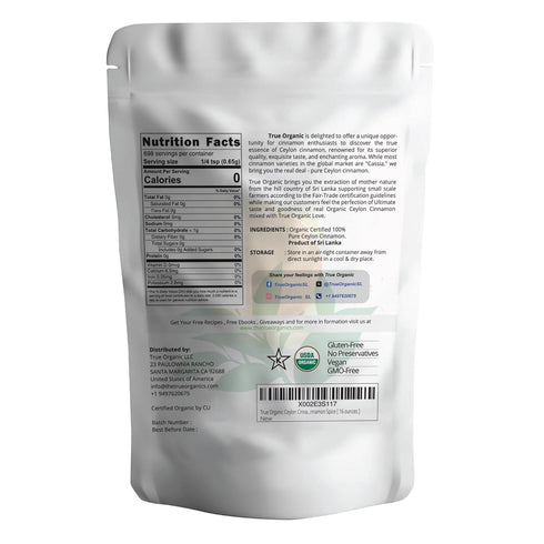 1 lb, True Organic Pure Ceylon Cinnamon Powder, Premium Grade, Gluten Free, USDA & Kosher Certified, Organic Ground