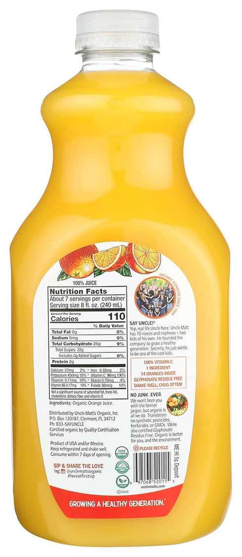52 Oz Uncle Matt's Organic Orange Juice Pulp Free, Fl Bottle