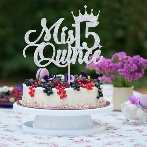 Mis Quince 15 Cake Topper, Cheers to 15 Years, 15th Birthday Cake Decor, Happy 15th Birthday Decorations Silver Glitter