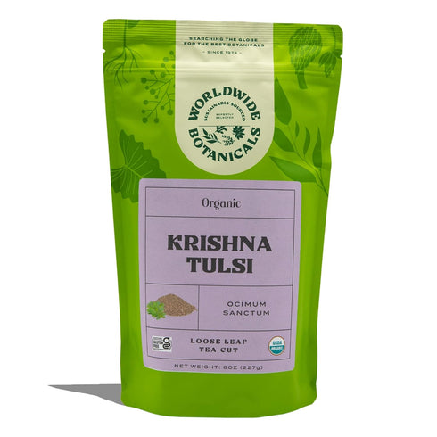 Worldwide Botanicals Organic Holy Basil Tea, 8oz - Tulsi Krishna, Loose Leaf Premium Herbal Tea, 100% Pure Tulsi