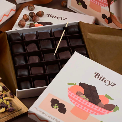 25 Biteyz Choco Turkish Delight, Vegan Candy Gift Box - Chocolate-Covered Assorted Treats with Orange, Pistachio