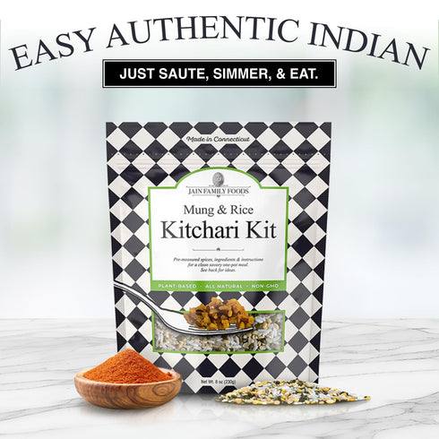 3 Jain Family Foods Mung Rice Khichdi Kitchari Kit | Authentic Indian Meal Kit with Spiced Yellow Lentils | Plant