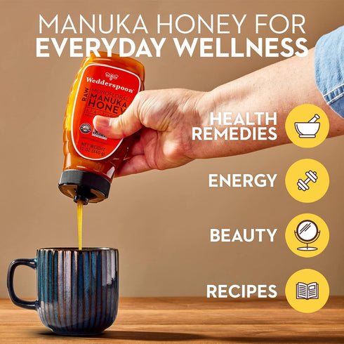 Wedderspoon Raw Manuka Honey - Unpasteurized New Zealand Honey, Multi-Functional Superfood, 12 Ounce