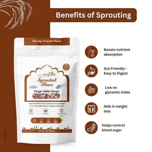 Ecomytra 100% 1lb (454g) Sprouted Finger Millet Flour (Ragi) Gluten Free & High Calcium Superfood Sprouted Rich in Iron
