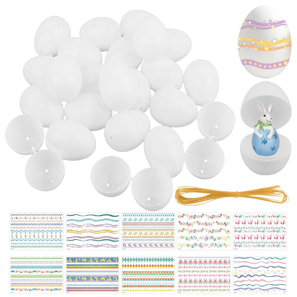Qirvaten 50Packs Empty Easter Eggs & Decorative Gold Cord & Stickers Set,Blank White