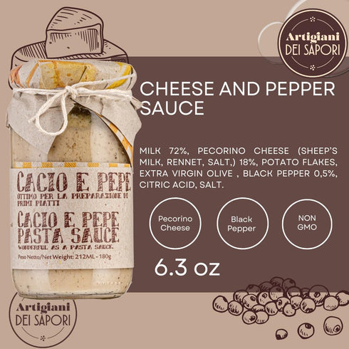 6.3 oz. ARTIGIANI DEI SAPORI - Creamy Cheese and Pepper Pasta Sauce Jar, cacio e pepe, Product of Italy