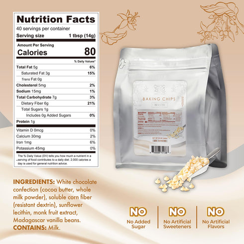 20 oz ChocZero White Chocolate Chips, No Added Sugar, Keto & Low Carb, Gluten Free, No Sugar Alcohols, Bag for Baking