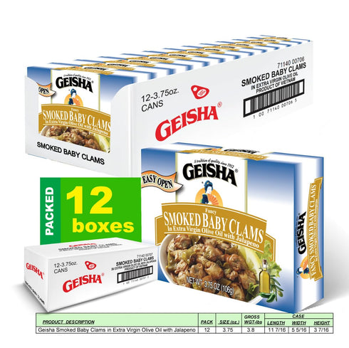 3.75oz (Pack 12), GEISHA Smoked Baby Clams in Extra Virgin Olive Oil with Jalapeno of Baby Clams| Gluten Free No Sugar