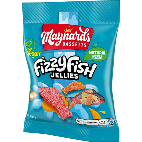Maynards Bassetts 130g (Pack 10) Fizzy Fish Soft Jellies Sweets Bag