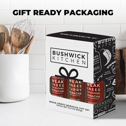 Set 5 Bushwick Kitchen Sriracha Sampler Gift Box, Includes Gochujang Sriracha, Super Spicy Gochujang Sriracha, Curry
