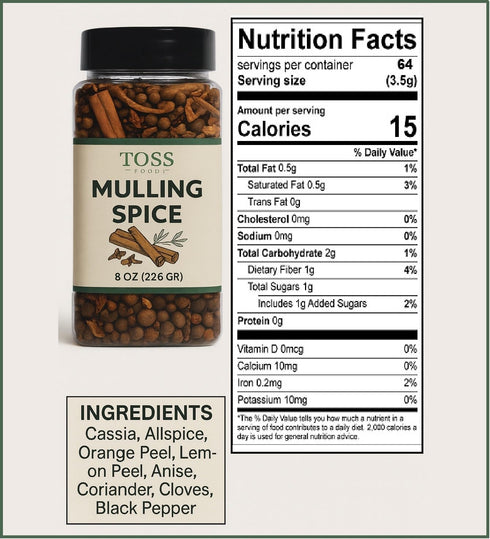 8 oz TOSS Mulling Spice Blend Jar | Cinnamon, Cloves, Allspice, Orange Peel & More | Perfect for Mulled Wine, Hot