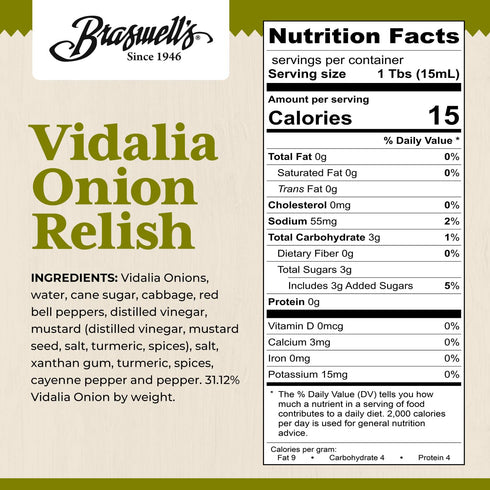 1946 (8oz) Braswells Sweet and Savory Gourmet Vidalia Onion Relish Small-Batch, Renowned Specialty, Made in USA, Since