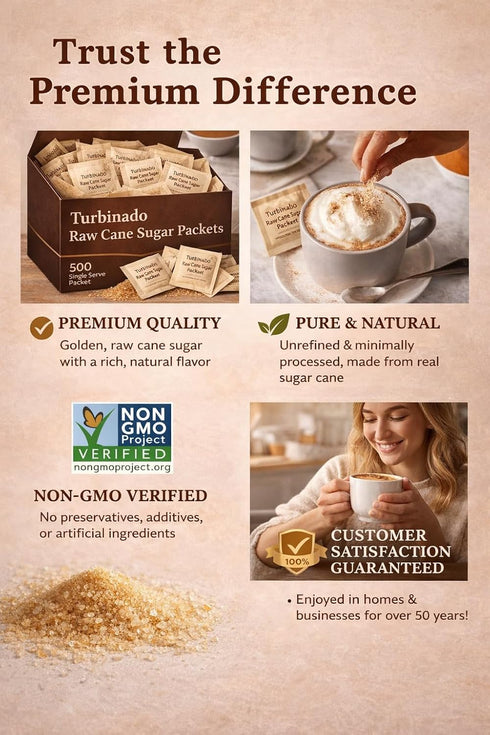 Generic Packets, (1000 Packets) Turbinado Raw Cane Sugar Natural Cane Sugar Sweetener, Single Serve Bulk for Coffee