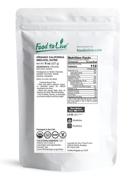 8 Food to Live Organic California Medjool Dates, Ounces Soft & Juicy Nature's Candy. Non-GMO Whole Dry Fancy Dates