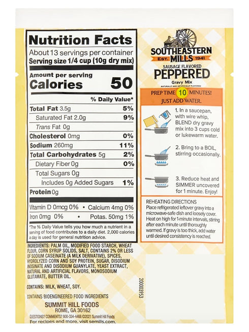 Southeastern Mills 4.5-Ounce Packet (Pack 6 Packets) Gravy Mix, Sausage Flavored Peppered Gravy Mix, Just Add Water