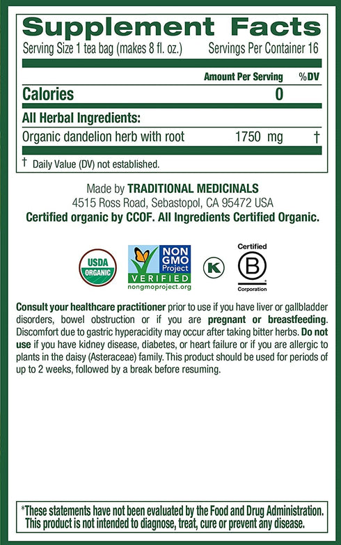 16 (Pack 2) Traditional Medicinals Tea, Organic Dandelion Leaf and Root Tea, Bags