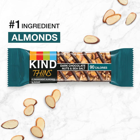 KIND THINS Dark Chocolate Nuts & Sea Salt Bars, Gluten Free, 4g Sugar, 10 Count, 0.74 oz Bars