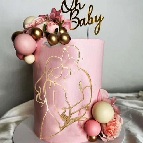 lvbeybc 2PCS Gold Oh Baby Cake Topper with Pregnant Silhouette,Pregnant Mom Dad Couple Design,Gender Reveal Cake