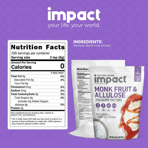 4lb Impact - Monk Fruit Allulose Sweetener, Crystallized Blend Sugar Substitute - Zero Calorie Low-Carb Essential