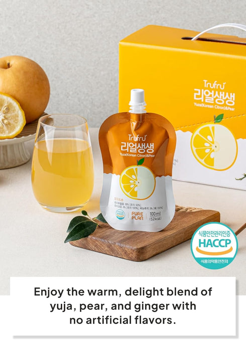 15 Packs (17.8 oz Korean Food Trufru Real Yuzu Pear Ginger Essence - All-Natural Cold Pressed Vitality Shot, Morning