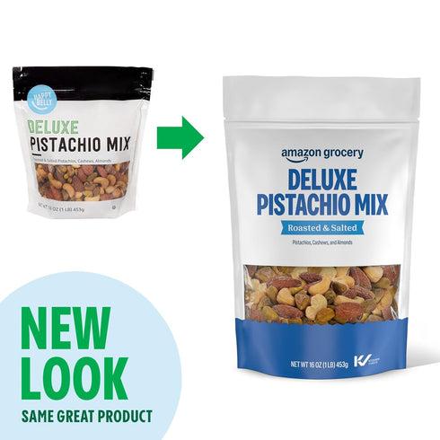16 Oz Packaging Amazon Grocery, Deluxe Pistachio Mix, Roasted & Salted, (Previously Happy Belly, May Vary)