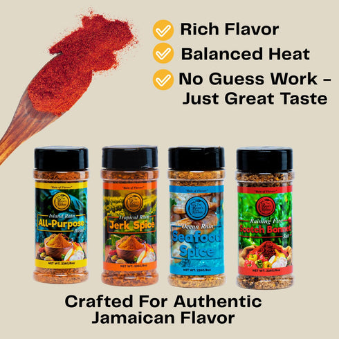 8 oz (Pack 4), The Rainas Kitchen Jamaican Seasoning Collection - Raining Fire Scotch Bonnet Pepper Salt, Ocean Rain