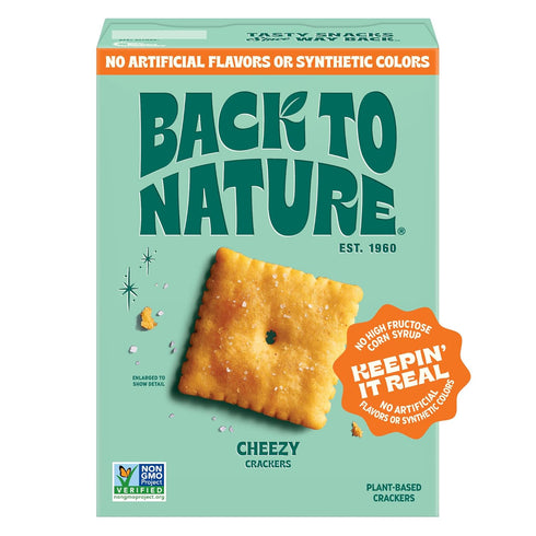 Back to Nature Cheezy Square Crackers, Non-GMO, Plant-Based Cheese Flavored Snack Cracker,