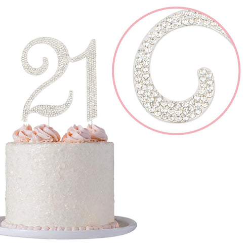 21 Cake Topper, Premium Silver Metal, 21st Birthday Party Sparkly Rhinestone Decoration, Great Centerpiece