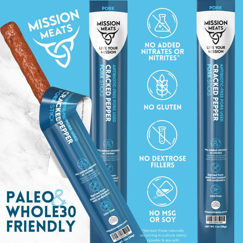 30, 1oz (24ct) Mission Meats Pork Meat Sticks Antibiotic Free, Sugar Free, Individually Wrapped, AIP Friendly