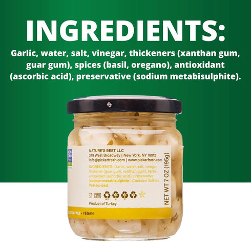 7 oz Pickerfresh Pickled Garlic - Gourmet Garlic Cloves - Simple Ingredients - Non-GMO, Gluten Free & No Artificial