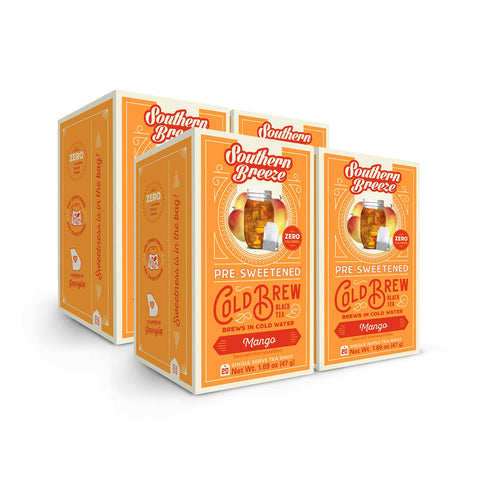 Southern Breeze Cold Brew Sweet Tea Mango Iced Tea with Black Tea, Zero Carbs, Zero Sugar, 20 Bags, Pack of 4
