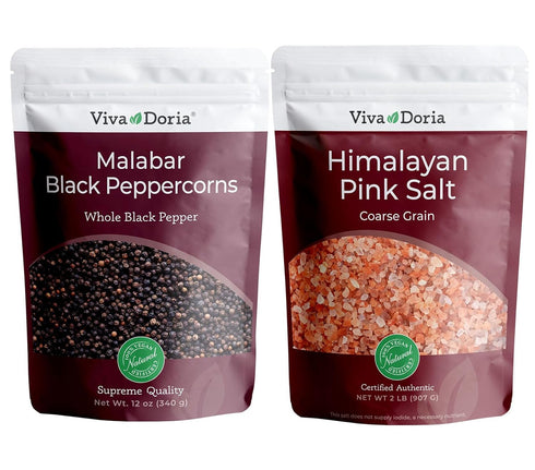 Viva Doria Malabar Whole Black Peppercorns, 12 Oz & Himalayan Pink Salt,