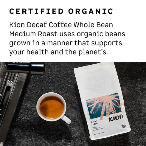 12 Oz (1 Pack) Kion Organic Decaf Whole Bean Coffee, Tested for Toxins, Ethically Sourced, Rich, Bold, and Smooth