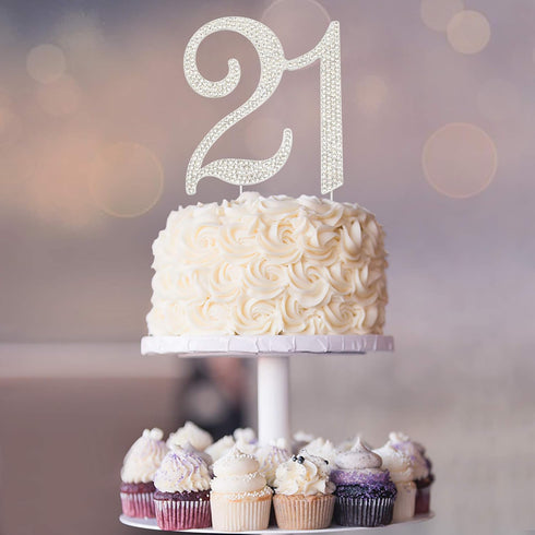 21 Cake Topper, Premium Silver Metal, 21st Birthday Party Sparkly Rhinestone Decoration, Great Centerpiece