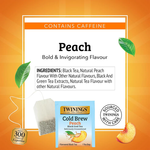 20 Count (Pack 1), 20 Twinings Peach Cold Brew Iced Tea Bags, of Unsweetened Flavoured Black Tea, Caffeinated, Teabags