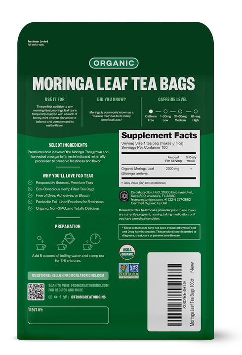FGO Organic Moringa Tea, 100 Count, Eco-Conscious Resealable Bag, Caffeine Free (Pack of 1)