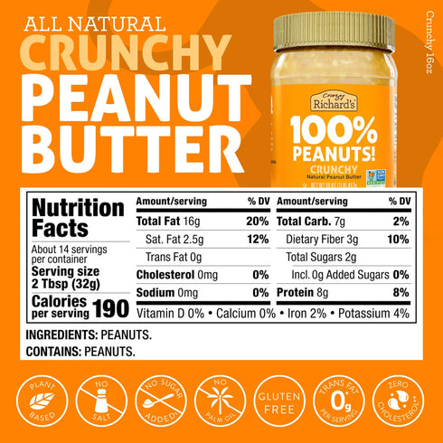 100% Pack (1 Pack 2) Crazy Richard's All-Natural Vegan Creamy & Crunchy Peanuty Butter with No Added Sugar and Non-GMO