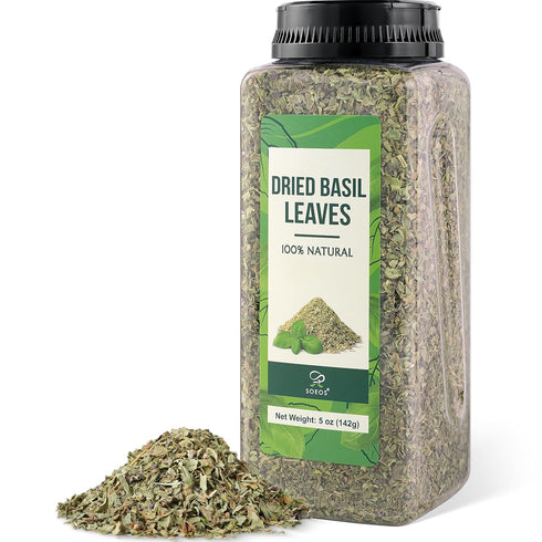 5 oz (142g), Soeos Basil Leaves, Cut and Sifted, Dried Basil Leaves, Pairs Well with Pasta, Salad, Pizza, Sauces