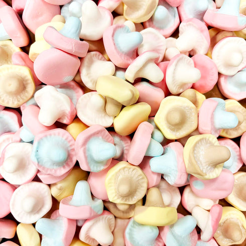 The Penny Candy Store Swedish Foam Mushroom Mix - Marshmallow Candy - Strawberry, Banana Caramel, Fizzy