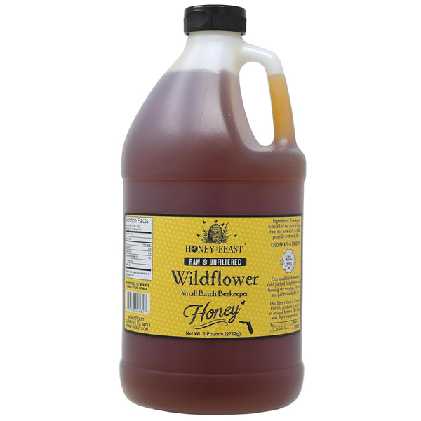HONEY FEAST 6 Pounds (1/2 Gallon) Bulk Wildflower Honey, All Natural, Unfiltered,